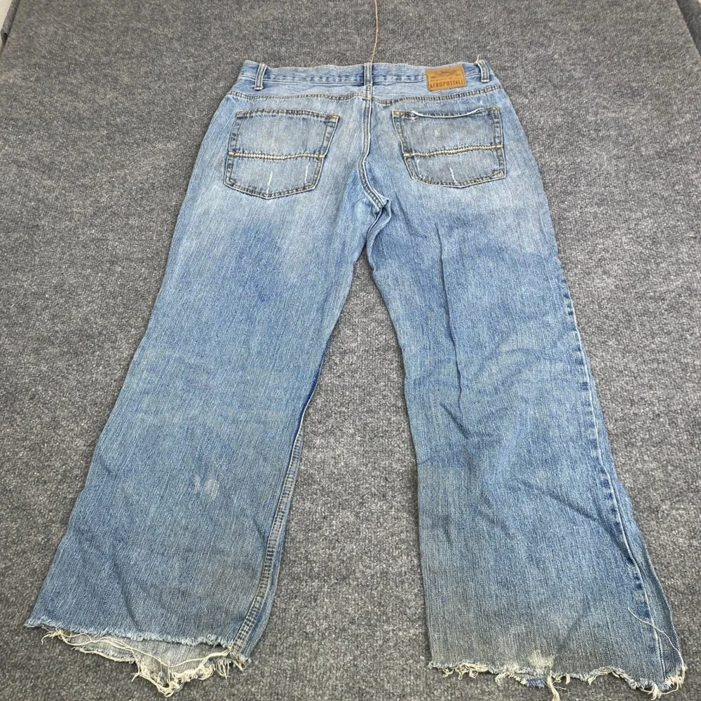 Aeropostale Benton Original Boot Jeans Mens 34 Blue Light Wash Distressed Raw